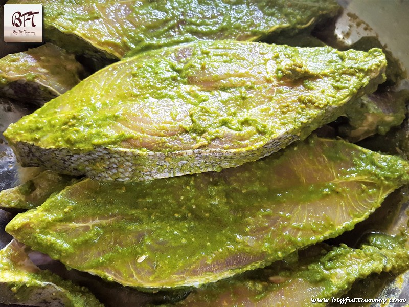 Preparation of Black Pomfret Green Masala Rawa Fried