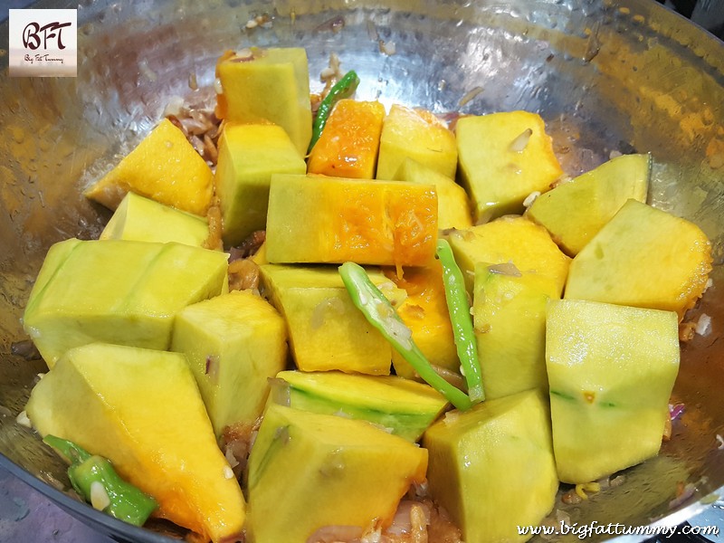 Preparation of Dry Prawn & Red Pumpkin Verdur (Goan curry)