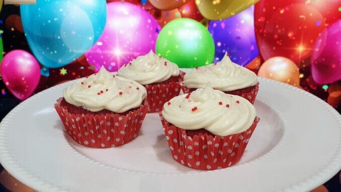 Eggless Red Velvette Cupcakes with Cream Cheese Frosting 16 Eggless Red Velvette Cupcakes with Cream Cheese Frosting